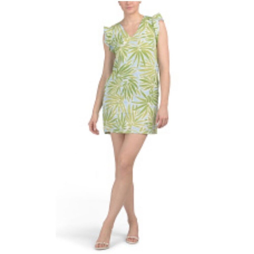 Sigrid Olsen 100% Linen Women Small Lime Green/Blue short‎ sleeve Dress